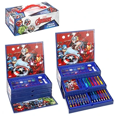 Image of Avengers Kids 52pc Colouring Art Stationery Set with Watercolour Felt Tip Pens Crayons and Pencils Travel for Children