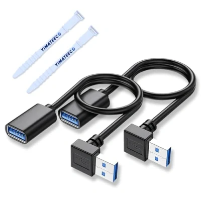 Image of YIMATEECO Right Angle USB3.0 Extension Cable, SuperSpeed USB Male to Female Extender, Cable with 90 Degree Adapter, Compatible Flash Drive (Down Angle, 30cm, 2pcs, Black)