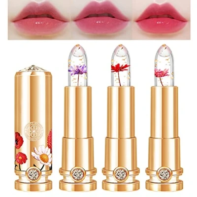 Image of Mrettick 3 Colors Crystal Flower Jelly Lipstick Set,Magic Temperature Color Changing Lip Gloss PH Waterproof Moisturizer Balm (#1+#2+#3)