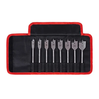 Image of Starrett Flat Wood Drill Bit Kit 8 Piece KFWDK08 High Speed Steel HSS 1/4 Inch Hex Shank Spade Bits Set Woodworking Hole Cutter Tool