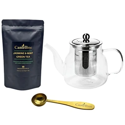 Image of Loose Leaf Tea Set, Gift Set with Heat Resistant Teapot, Measuring Spoon, 100g Tea, Camellios (Jasmine and Mint Green Tea)