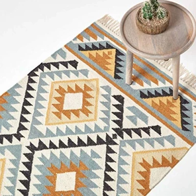 Image of Agra Handwoven Ochre Gold, Silver Grey and Black Diamond Pattern Kilim Wool Rug, 120 x 170 cm Homescapes