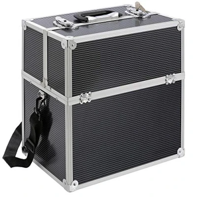Image of Arebos Aluminium Make Up Case Cosmetic Hard Vanity Beauty 2 Locks with Keys 4 x Fold Out Trays Carry Handle &amp; Strap Black