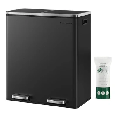 Image of SONGMICS Double Rubbish Bin, 2 x 30L Waste and Recycling Kitchen Bin with 15 Bags, Metal Pedal Plastic Inner Buckets Hinged Lids, Handles, Soft Closure, Airtight, Black LTB60BK