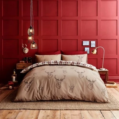 Image of Catherine Lansfield Stag Check Reversible Single Duvet Cover Set with Pillowcase Natural