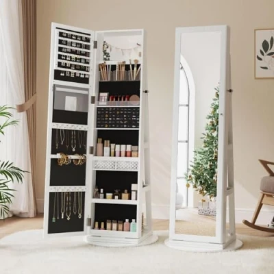 Image of Dripex White Jewelry Organiser Mirror Cabinet, 360 Swivel Storage, Lockable, 3 in 1 Free Standing with Storage Shelves