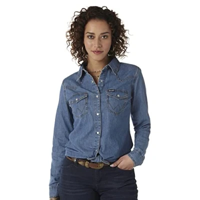 Image of Wrangler Women&#039;s Western Long Sleeve Denim Snap Shirt, Mid Denim, L UK