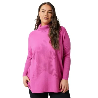 Image of EVANS Curve Knitted Star Roll Neck Jumper Women&#039;s Plus Size Pink
