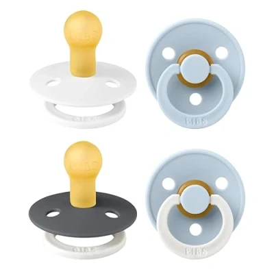 Image of BIBS Colour Soother 4 Pack, BPA Free Dummy Pacifier, Round Nipple. Natural Rubber Latex, Made in Denmark. 0 6 Months (Pack of 4), White Glow Mix