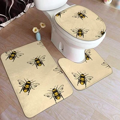 Image of RedBeans Non Slip Bath Mat 3 Piece Flannel Bathroom Rug Set,Honey Bee Soft Pedestal Anti Shower And Toilet Cover Set