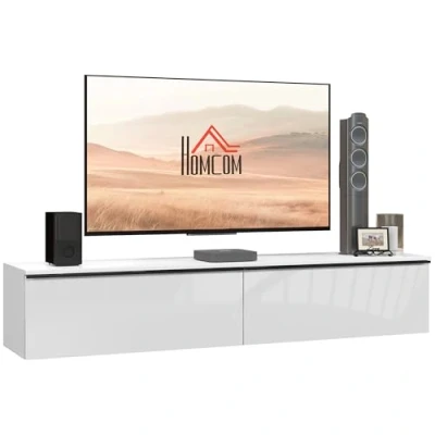 Image of HOMCOM 160cm High Gloss Floating TV Unit Stand for TVs up to 70&quot;, Wall Mounted Cabinet with Storage Cupboards, White
