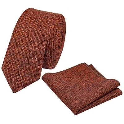 Image of DB Dickie Bow Men&#039;s Luxury Wool Skinny Neck Tie &amp; Pocket Square Set (Rust Burnt Orange) suitable for formalwear, office, weddings, parties, grooms groomsmen outfits