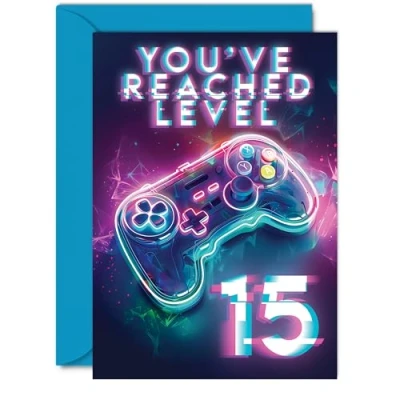 Image of 15th Gamer Birthday Cards for Boys Girls You&#039;ve Reached Level 15 Happy Card Son Daughter Nephew Niece Grandson, A5 Fifteen Fifteenth Bday Video Game Greeting