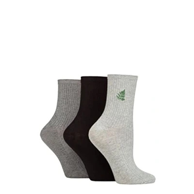 Image of Women&#039;s 3 Pair SOCKSHOP Wildfeet Embroidered Ribbed Socks Grey / Black Charcoal Leaf 4 8 UK