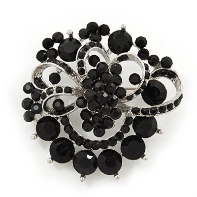 Image of Avalaya Jet Black Diamante Corsage Brooch in Silver Plating 5cm Diameter