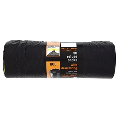 Image of Polylina Bin Bags 80 Litre, 30 Drawstring Large Black Refuse Sacks, Recycled Plastic, Everyday Use, Household, Office &amp; Kitchen Waste