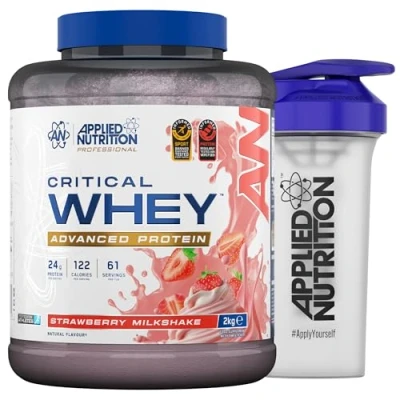 Image of Applied Nutrition Critical Whey Protein Powder 2kg + Plastic Shaker High Powder, Muscle Building Supplement with BCAAs &amp; Glutamine (2kg 67 Servings) (Strawberry Milkshake)