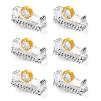 Image of OSCO Clear Acrylic Tape Holder with 6 Pack Desktop Dispenser 2 Slots for Pens or Pencils Rubber Pads Non Slip H6.4 x W5 D12.7 cm
