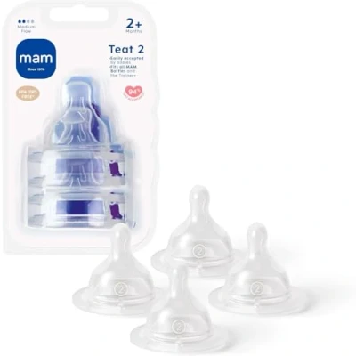 Image of MAM Teats Size 2, Suitable for 2+ Months, Medium Flow with SkinSoft Silicone, Fits All Baby Bottles, Feeding Essentials, Pack of 4