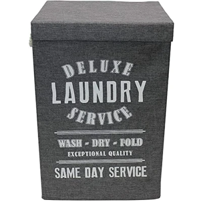 Image of deluxe 85 litre foldable fabric clothes storage laundry hamper bin with rope handles (Dark grey white writing)