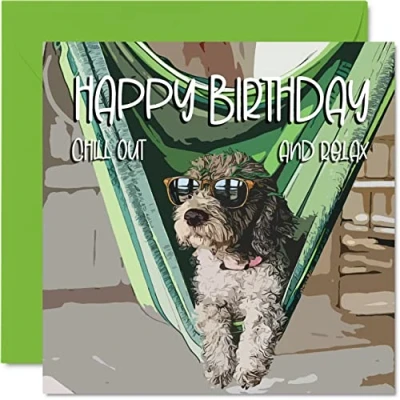 Image of Fun Birthday Cards for Men Women Chill Cool Dog Happy Card Work Colleague Friend Brother Sister Mum Dad Son Daughter Nan Grandad, 145mm x Bday Greeting
