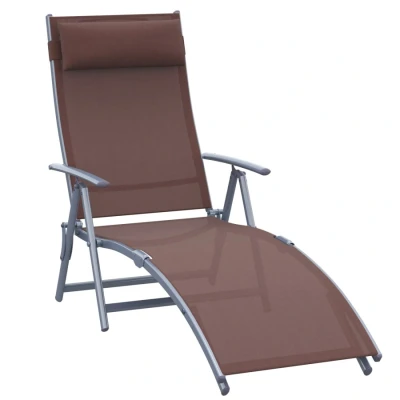 Image of Outsunny Sun Lounger Steel Frame Outdoor Folding Chaise Texteline Lounge Chair Recliner with Headrest &amp; 7 Levels Adjustable Backrest, Brown
