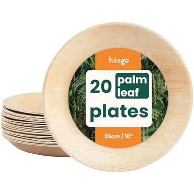 Image of HAAGO 20 Eco Friendly Palm Leaf Plates Disposable like Wooden &amp; Bamboo for Hot Cold Food Microwave Freezer Safe Compostable Alternative to Paper Outdoor 25cm Biodegradable