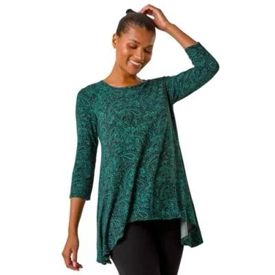 Image of Roman Originals Hanky Hem Tunic Top for Women UK Ladies Longline Blouse Asymmetric Hemline Casual Slouch Loose 3/4 Sleeves Round Neck Relaxed Comfortable Holiday Green Noir Size 10