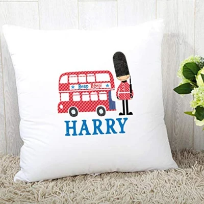 Image of Luxury personalised London Bus Photo cushion, Name cushion Cover, gift, Gift for Boys, a Boy, Add your own Name!