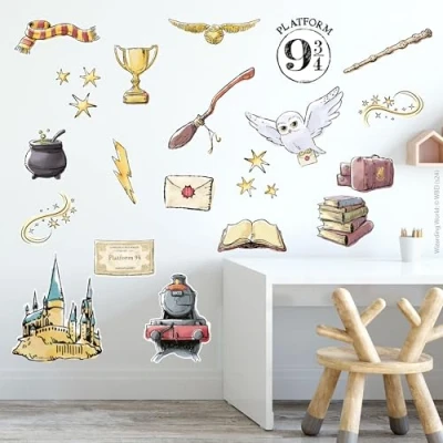 Image of Harry Potter Wall Sticker Watercolour Icons Set Decal Wizarding World Art (120cm (W) x 70cm (H))