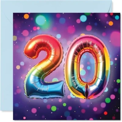 Image of 20th Birthday Cards for Men Women Rainbow Foil Balloon Happy Card 20 Year Old Man Woman Sister Niece Nephew Cousin, 145mm Bday Greeting
