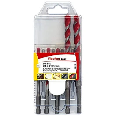 Image of fischer 561649 D U Hex Universal Drill Bit Set, 5 Pieces, 5mm 12mm, for Brick/Wood/Tiles/Plastics/Steel/Concrete, Red/Silver