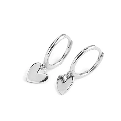 Image of Cute Heart Love Dangle Drop Cartilage Small Huggie Hoop Earrings for Women Girls Minimalist S925 Sterling Silver Dangling Cuff Sleeper Hoops Dainty Hypoallergenic Jewelry Gifts Her (Silver)