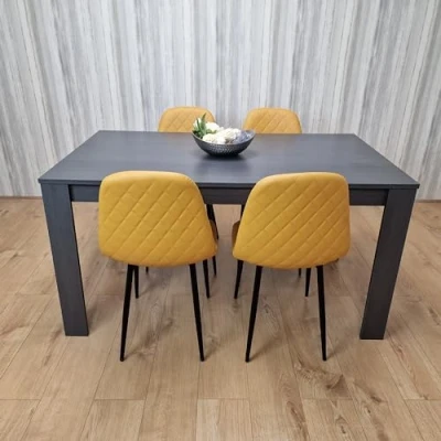 Image of KOSY KOALA Dark Grey Dining Table with 4 Mustard Stitched Leather Chairs Room set