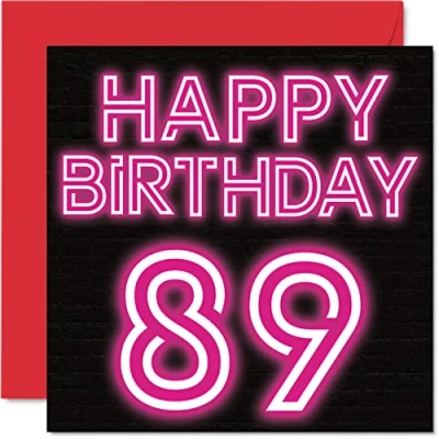 Image of Fun 89th Birthday Cards for Men Woman Neon Glow Happy Card Dad Mum Great Grandad Grandpa Nanny Grandma Gran Uncle Auntie, 145mm x Greeting Cards,