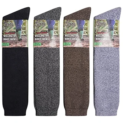 Image of Soxy Mens Wool Blend Long Wellington Boot Socks 4 Pack Welly The Original Wellie Sock Festival Walking Hiking Thermal Assorted Colours UK Shoe Size 6 11