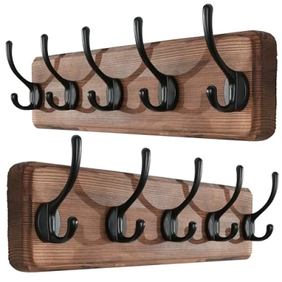 Image of SKOLOOFarmhouse Style Wall Mounted Coat Rack, Pack of 2, Pine Solid Wood Hook Hanger 5 Hooks for Hanging Clothes Robes Towels Coats
