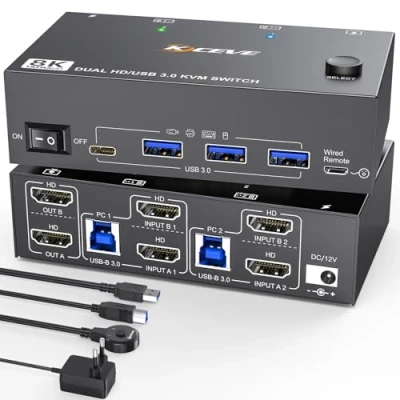 Image of 8K HDMI KVM Switch 2 Monitors Computers 8K@60Hz 4K@144Hz, Camgeet Dual Monitor for Share 4 USB 3.0 ports, With Wired Remote,12V Power Adapter and Cable included