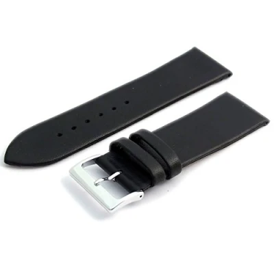 Image of Fine Calf Leather Watch Strap Band 26mm Black with Chrome (Silver Colour) Buckle. Free Spring Bars (Watch Pins)