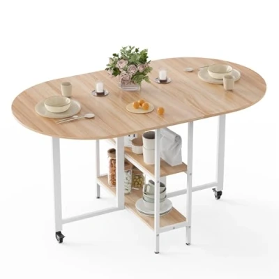 Image of Mondeer Mobile Folding Dining Table, Drop Leaf Table with 2 Open Storage Shelves, Round Edged Design, Small Spaces Room Kitchen, 140 x 80 75 cm, Oak and White