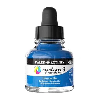 Image of Daler Rowney System3 Acrylic Ink, Glass Bottle with Dropper, Opaque, 1oz 29.5 ml, Fluorescent Blue