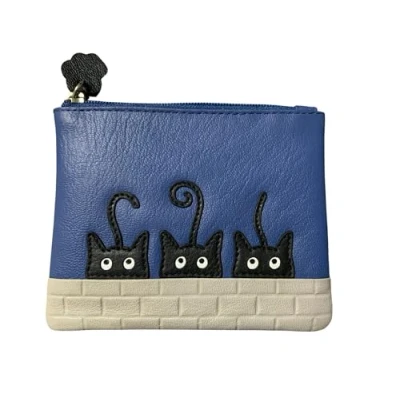 Image of Premium Leather Black Peek A Boo Cats Coin RFID Purse by Mala (Blue)