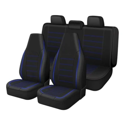 Image of TOYOUN Classic Universal PU Leather Car Seat Covers Full Set High Back Bucket Cover Fit Most Cars, Trucks, SUVS, or Vans 2 PCS Blue Trim Auto Protector,