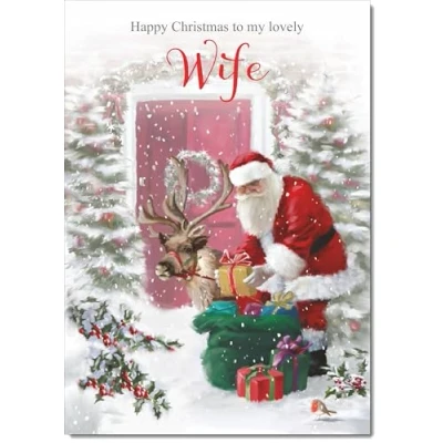 Image of doodlecards Wife Christmas Card Santa with Parcels Medium Size Plain Red Envelope, 21 x 15cm
