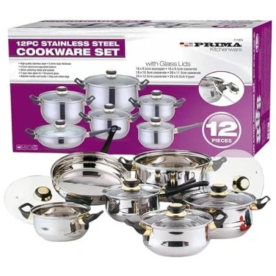 Image of HomeVibe 12 Piece Stainless Steel Cookware Set Includes Saucepans, Frying Pans, Pots &amp; Casserole with Non Stick Surface Glass Lids Durable Long Lasting Kitchenware