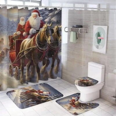 Image of FOCCAR Funny Santa Claus Shower Curtain Sets with Rugs Toilet Lid Cover And Bath Mat Carriage Woods Snow Modern Curtains 12 Hooks Waterproof 4 Piece Bathroom Decor Set