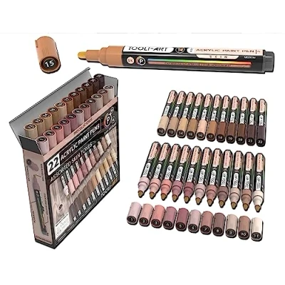 Image of TOOLI ART Acrylic Paint Pens 22 Assorted Pro Colour Series Markers Set 3mm Medium Tip for Rock Painting, Glass, Mugs, Wood, Metal, Canvas, DIY Projects, Non Toxic, Waterbased, Quick Drying. (SKIN)