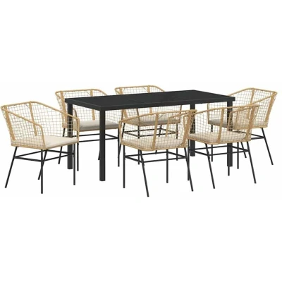 Image of vidaXL 7 Piece Garden Dining Set with Cushions Brown Poly Rattan