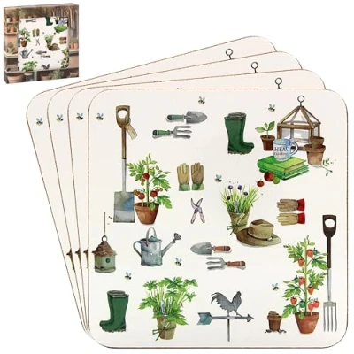Image of LESSER &amp; PAVEY 4pcs Garden Theme Cork Coasters Green Fingers Collection Gardening Lover