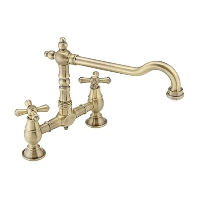 Image of ENKI, Langley, KT116, Antique Brass, Traditional Bridge Kitchen Sink Mixer Tap for Basin, Brass Construction, with Twin Levers &amp; Swivel Spout Perfect Double Bowl Sinks, Drip Free Ceramic Valve